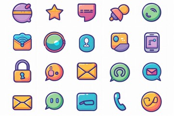 Wall Mural - A variety of 2D communication icons for use in apps and websites. The set includes icons for chat, call, and video call, all designed with a minimalistic approach. These icons are suitable for