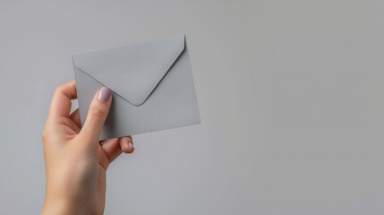 Poster - A femalewoman hand hold a grey envelope and post card isolated white at the studio : Generative AI