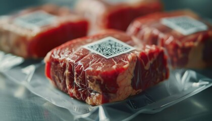 Raw steak with QR code label in vacuum-sealed packaging sits on a metallic surface, highlighting modern technology in food safety and traceability.