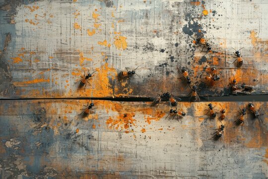 Abstract photograph of rust and paint splatters on a metal surface, demonstrating the beauty of decay and time with vibrant colors and texture.