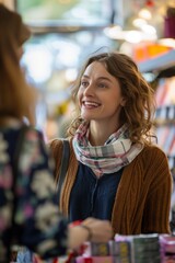 Poster - A young woman shopping for cosmetics in a city, showcasing a cheerful and fashionable lifestyle.