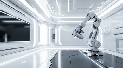 Wall Mural - A white technology style live broadcast room with a robotic arm holding a large TV facing the screen on the left