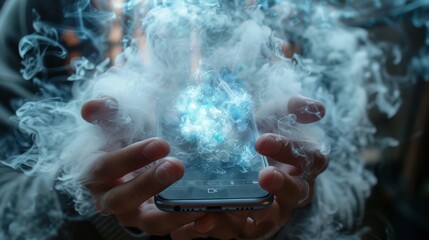 hand holding a smartphone of smoke on black background