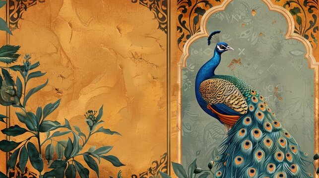 Moroccan frame pattern with plant and peacock illustration for invitation