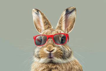Wall Mural - A rabbit wearing red glasses is staring at the camera