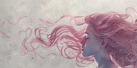 Wall Mural - A woman with long pink hair is shown with her eyes closed
