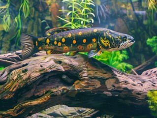 Wall Mural - Medium shot of Latimeria coelacantha, themed background. 