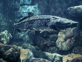 Wall Mural - Medium shot of Latimeria coelacantha, themed background. 