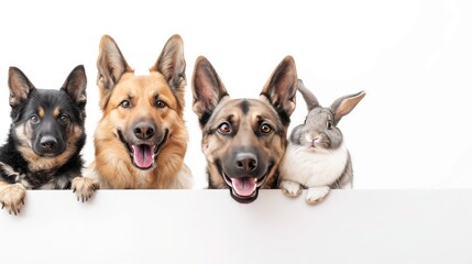 Canvas Print - Three Dogs and a Rabbit Peek Over a White Wall