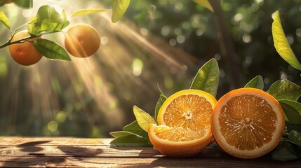 Wall Mural - Juicy Orange Slices on Wooden Table in Sunlight