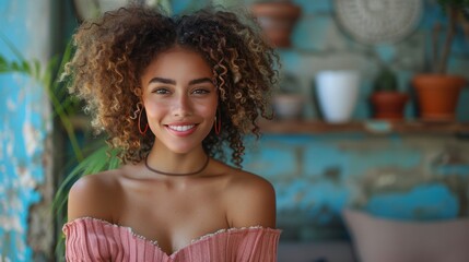 Wall Mural - Smiling Woman with Curly Hair in a Pink Top