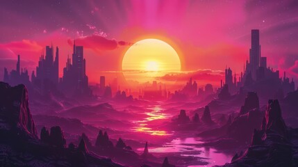 Synthwave Retro Cyberpunk Landscape - Bright Neon Pink and Yellow Background Banner or Wallpaper