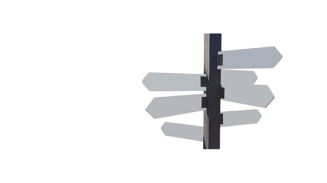 A cut-out of a white direction sign with copy space pointing to various places on a white background.