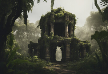 Wall Mural - An ancient overgrown jungle temple ruin isolated on transparent background