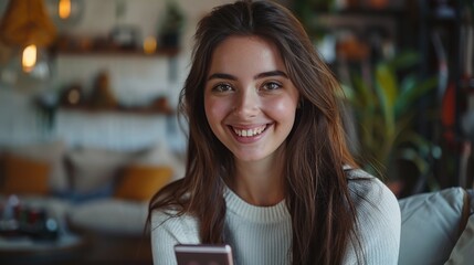 Wall Mural - Radiant Young Woman Smiling in Cozy Café Setting