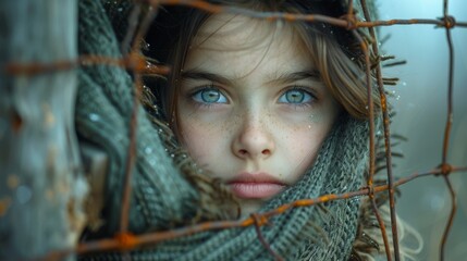 A freckled child with striking blue eyes gazes through an old barbed wire fence, symbolizing innocence and strength in the face of adversity and harsh conditions.