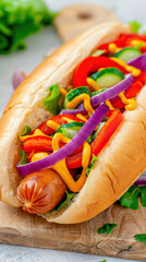 Canvas Print - A hot dog with a bun and a variety of toppings including onions, peppers