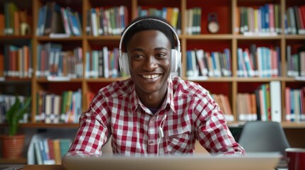 Wall Mural - The smiling student in headphones