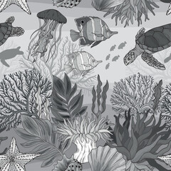 Wall Mural - Marine Life monochrome pattern, the ocean and underwater