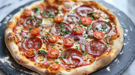 Poster - Italian Pepperoni Pizza with Tomatoes Cheese Onions and Herbs on Slate Table