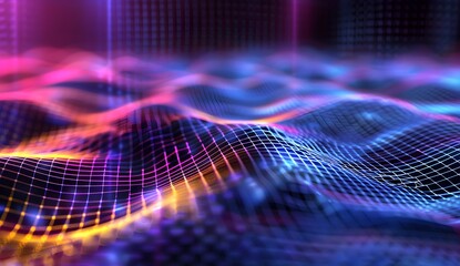 Poster - A closeup of an abstract, geometric pattern composed of lines and dots on a dark purple background. The composition includes elements like wavy lines or curves in shades of blue