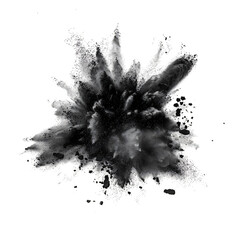 exploded blast black chalk pieces powder flying explosion effect isolated on white background