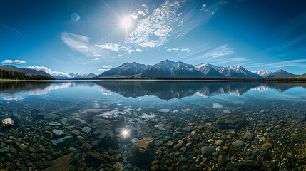 A serene mountain lake nestled between rugged peaks with a view of the clear sky. reflecting the surrounding snow-capped mountains.