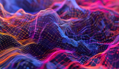 Poster - A closeup of an abstract, geometric pattern composed of lines and dots on a dark purple background. The composition includes elements like wavy lines or curves in shades of blue