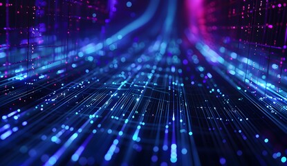 Poster - A digital web of lines and glowing dots, representing the complex network that is data visualization in artificial intelligence, set against an abstract dark background with blue