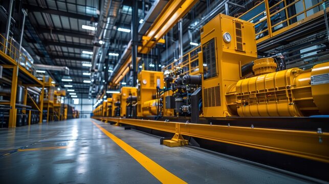 In a modern industrial plant, there is a yellow generator with multiple engines lined up side by side in front of it