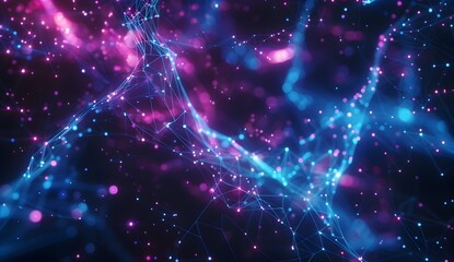 Poster - A digital web of lines and glowing dots, representing the complex network that is data visualization in artificial intelligence, set against an abstract dark background with blue