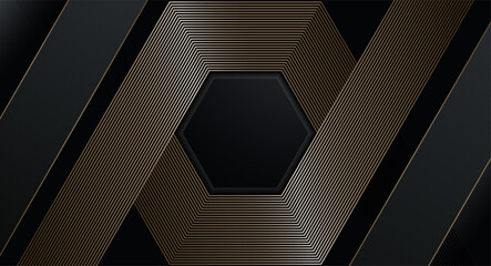 Abstract black background with hexagonal gold line. Luxury style with geometric pattern. Modern rounded texture. Suit for banner, cover, poster, presentation, etc.