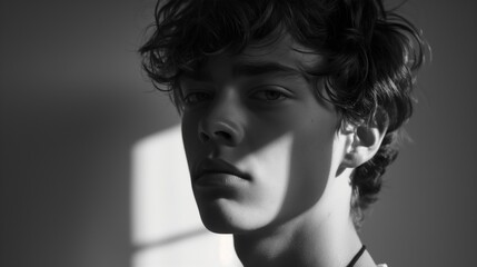 Wall Mural - A black and white portrait of a young man with curly hair standing in the sunlight