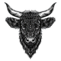 A black and white drawing of a bull 's head