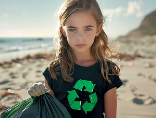 Wall Mural - A young  girl wearing tshirt with green recycling logo on it, wearing gloves holding trash bag and posing for photo at beach