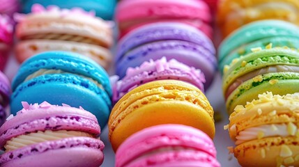 Sticker - Fashionable almond cake macaron with gooey center and crunchy shell in modern French pastry Array of homemade multicolored treats