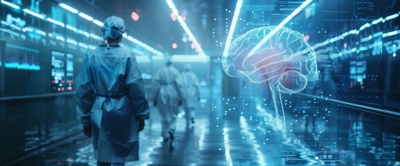 Wall Mural - Abstract futuristic digital medical technology background, with a holographic human brain and many numbers as the background, a blurred hospital room