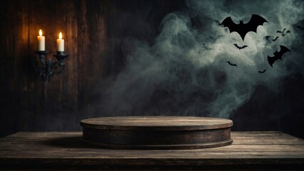 Old dark brown round wooden table in Halloween style with smoke and bats. Generative AI