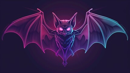 Sticker - flying bat monster neon style art design isolated on a black background Generative Ai. synthwave bat. Illustrations