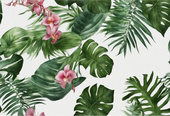 Wall Mural - Tropical leaves and flowers garland bouquet arrangement mixes orchids flower with tropical foliage f