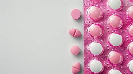 Wall Mural - Pink and white tablets in blister pack on white background Concept of medication for healing Space for text