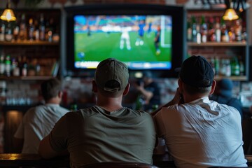 In a sports pub, three men watch football on TV.