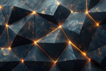 Poster - Black abstract geometric background from polygons with glowing lines. ai generative