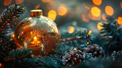 A festive image depicting a close-up of a gold Christmas ornament hanging on pine branches, with warm bokeh lights in the background, evoking holiday cheer and warmth.