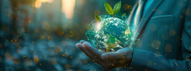 Holding a virtual earth covered with green leaves and a digital icon connected to a global network, it represents the concept of sustainable development and environmentally friendly technology.