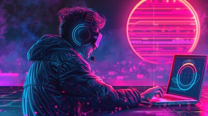 Neon Tech Wizard: Coding to Minimalist Beats. Concept Coding, Tech, Wizard, Neon, Minimalist Beats. synthwave wizard. Illustrations
