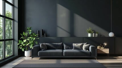 Wall Mural - Dark home living room interior with sofa