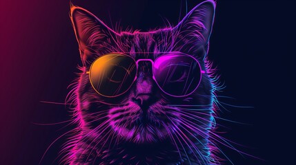 Naklejka na meble colorful Synthwave style cute cat with sunglasses, dark black background, Portrait, digital illustration ai art style. synthwave cat. Illustrations