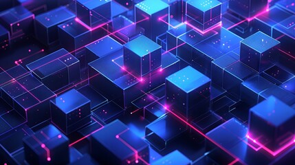 Abstract digital network with glowing lines connecting blue cubes.  A futuristic, tech-inspired background.