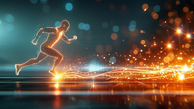 Abstract digital runner with glowing particles trail.